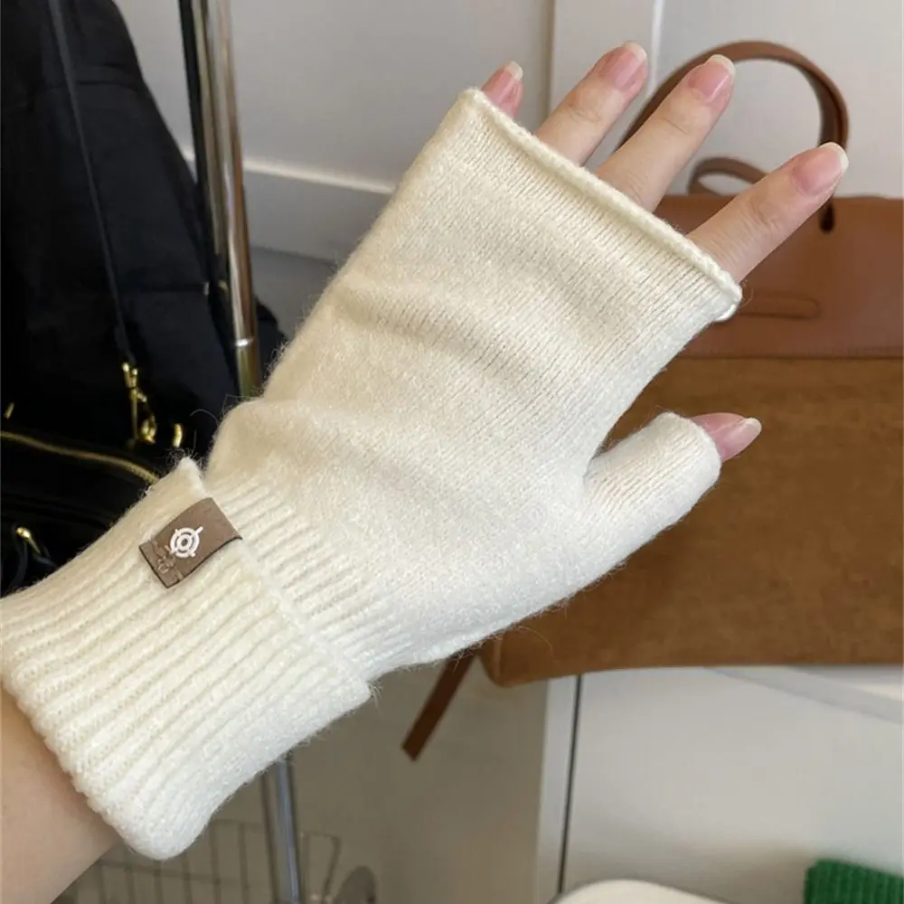 Fashion Warm Knitted Gloves Long Elastic Half Finger Gloves Solid Colour Fingerless Mittens for Students
