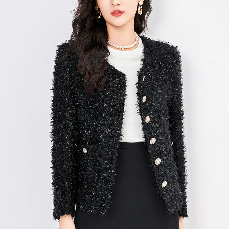 

Tweed Woman Short Coats Autumn Winter Elegant Party Jackets For Women O-neck Long Sleeve Black Jacket Solid Women's Woolen Coat