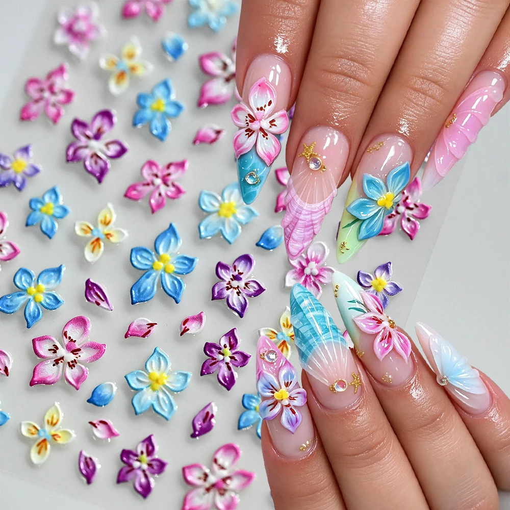 1PC 5D Embossed 5-Petal Flower Nail Stickers, Pink Blue Yellow Floral Decals, Watercolor Bloom Self-Adhesive Nail Embellishments