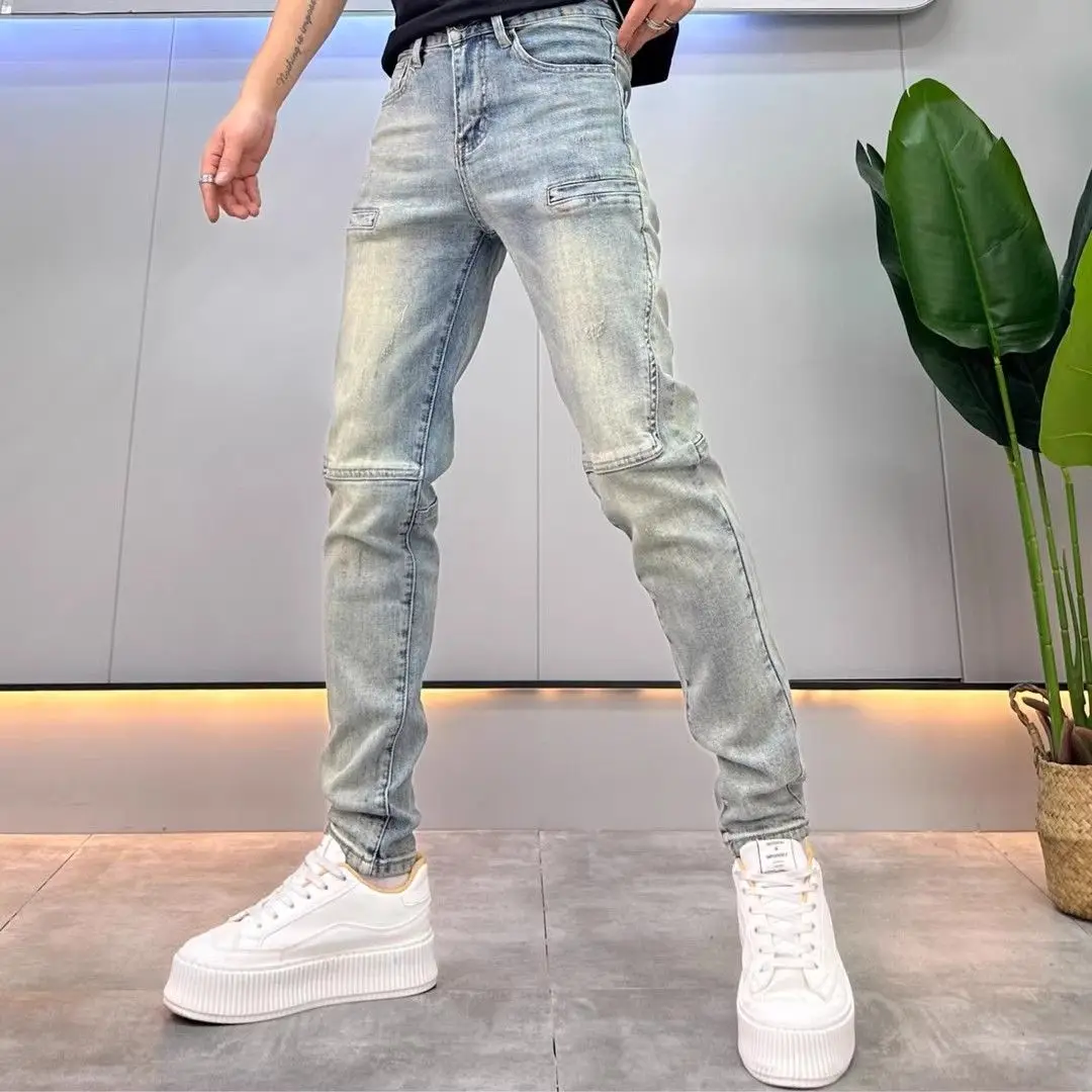 

Мужские джинсы в стиле ретро-американский стритстайл, зауженный крой, с эффектом потертости и пэчворком, модные, износостойкие, для весны и лета, современный стиль