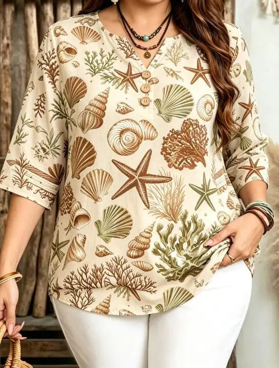 Women 3/4 Sleeve V‑Neck Blouse Seashell Starfish Coral Ocean Print Loose Casual Ladies Tops