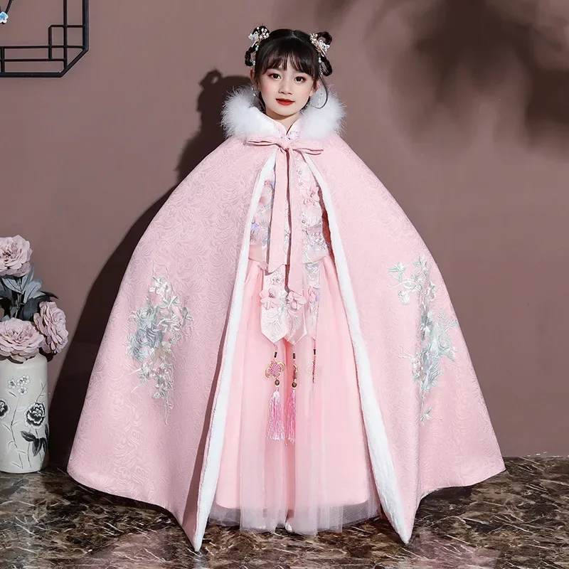 

New Year's Wear Hanfu Quilted Hooded Girl's Warm Cape Winter New Embroidery Thicken Cloak Chinese Children Ancient Mantle Kids