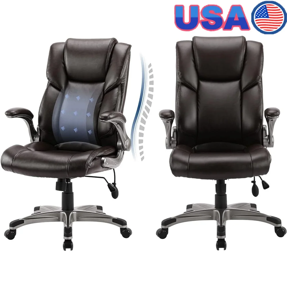 

High Back Leather Executive Office Chair with Adjustable Tilt Lock Flip-up Arms Padded Lumbar Support Rolling Swivel Desk Chair