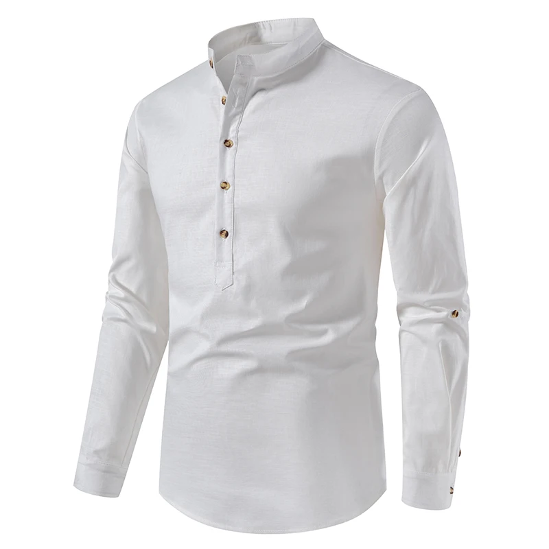 New Causal Shirt Men Cotton Linen Long Sleeve Stand Collar Slim Mens Shirt Breathable Business Vintage Top Solid Shirts Men