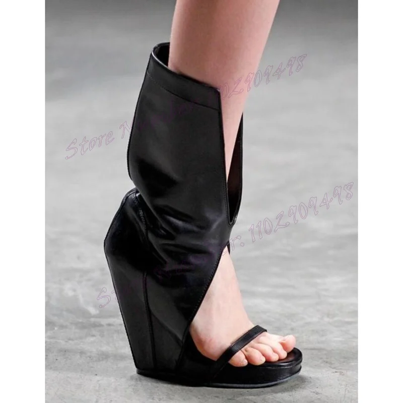 Brown Slip On Wedges Heels Sandals Hollow Out Open Toe Shoes for Women Matte Leather Sexy Lady Shoes 2025 Zapatos Para Mujere