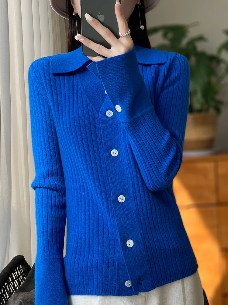 100% Merino Wool Cardigan New Fashion Long Sleeve POLO Collar Pure Color Women Sweater Tops Jerseys Spring Autumn Warm Knitwears