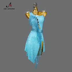 2024 New Blue Latin Dance Dress Competition Costume Sexy Skirt Ball Practice Wear Ladies Fringe Line Suit Party Sport Customized