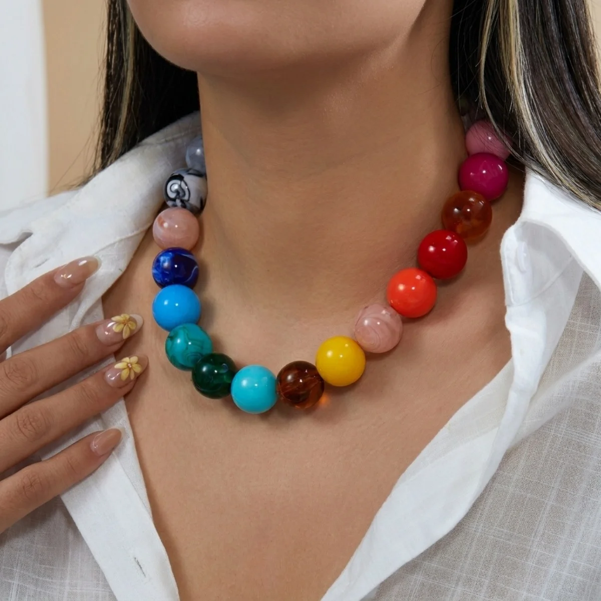 Modische bunte Acryl-Halskette mit großen runden Perlen für Damen und Herren, böhmische blaue braune Harzperlen, Choker, Y2K-Ästhetik-Schmuck – Detail 15