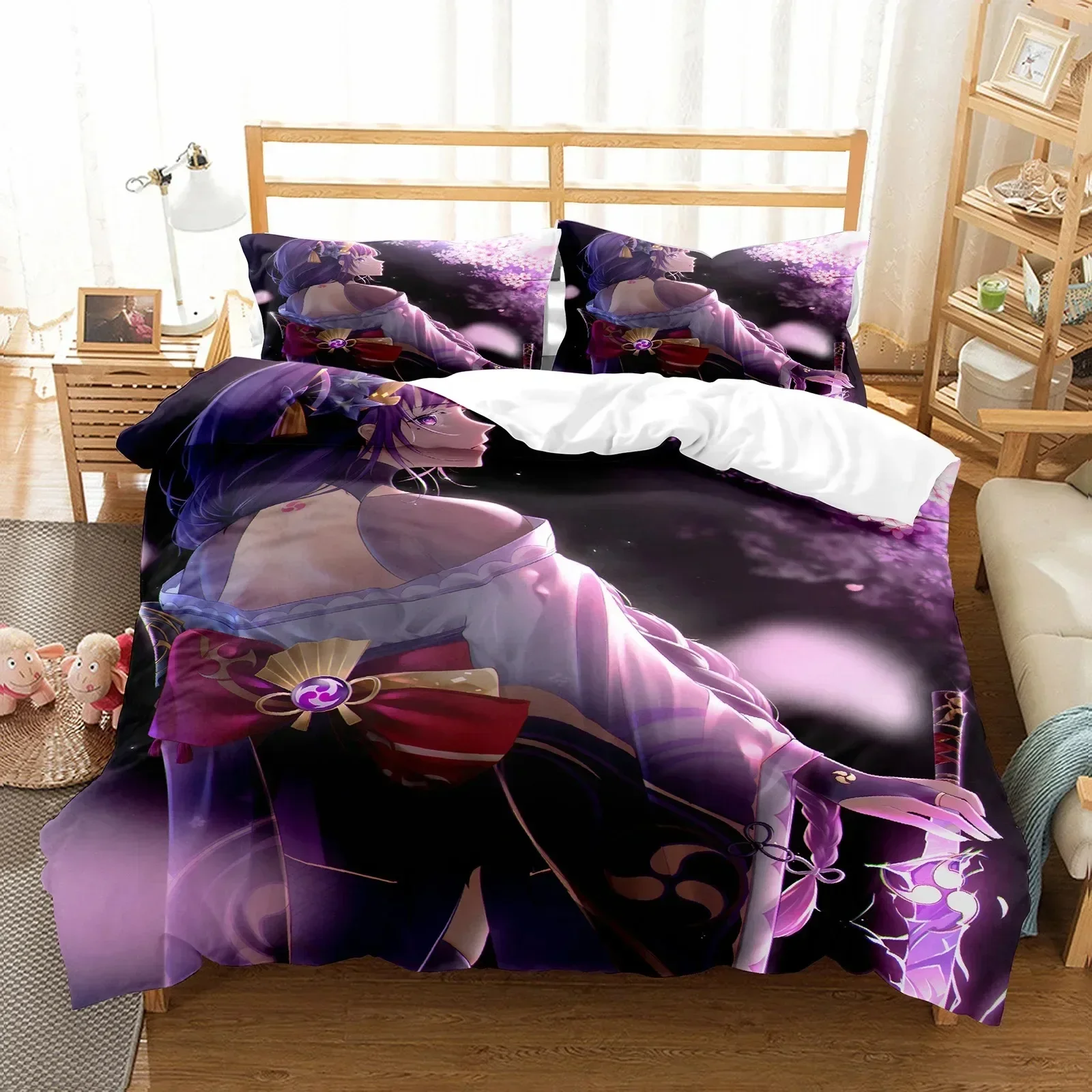 

Genshin Impact Raiden Shogun Bedding Set Printed Bed Set With Pillowcase Bed Duvet Cover Soft Queen King Size Bedclothes Home