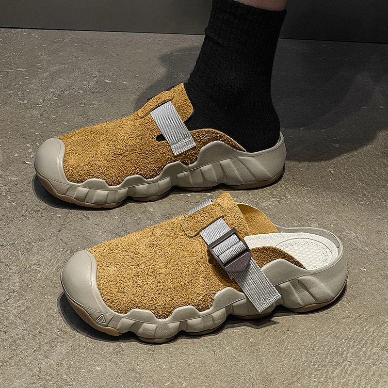 Vintage Backless Slides Sandal Half Shoes for Men Women Mules Suede Leather Loafers Slipper Open-back Casual Shoes Slip On Flats