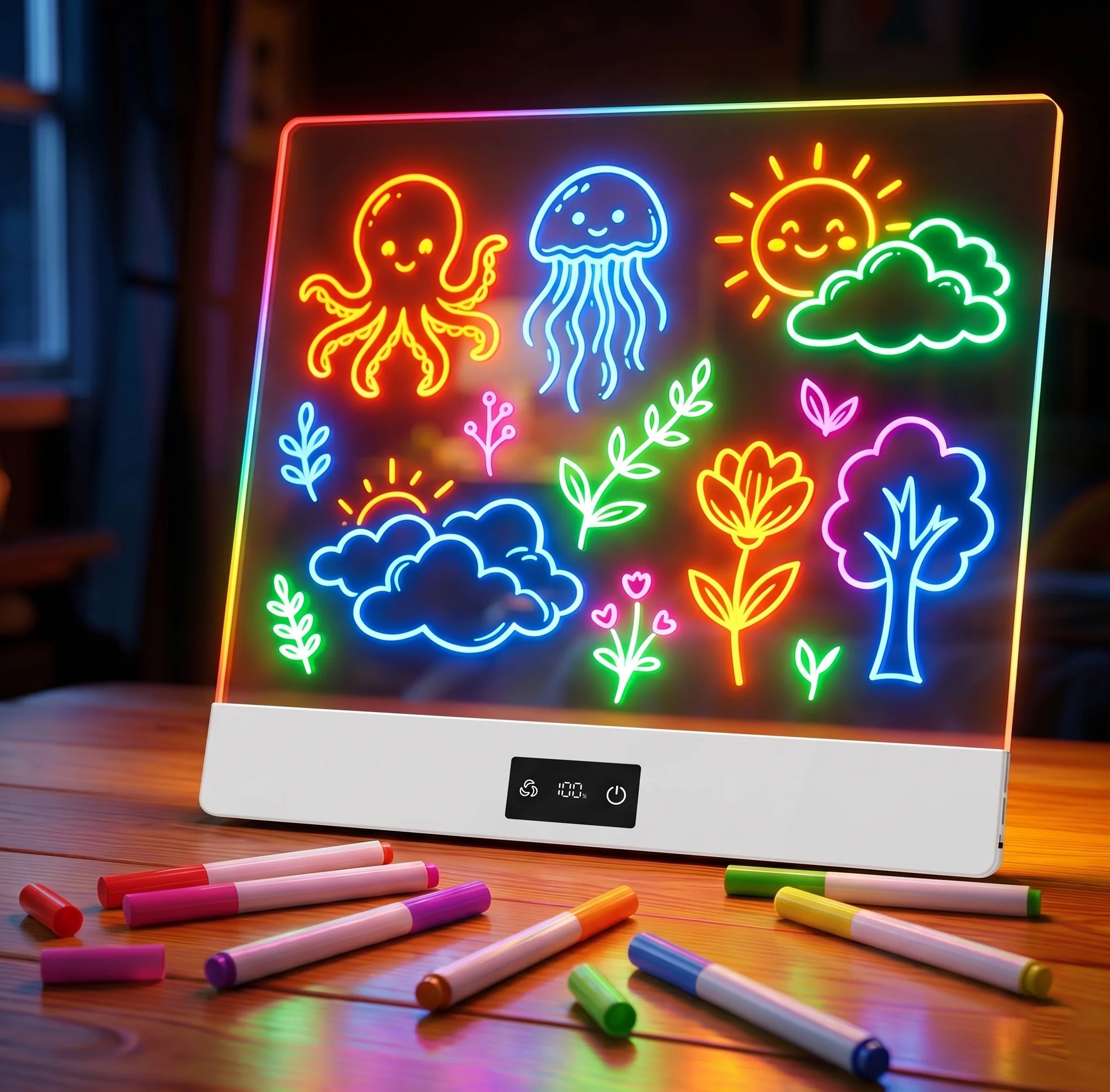 

Светодиодная доска для рисования с 11 цветами, перезаряжаемая, 6 уровней яркости, с функцией сухого стирания, в комплекте со встроенной подставкой для детей - 7 маркеров