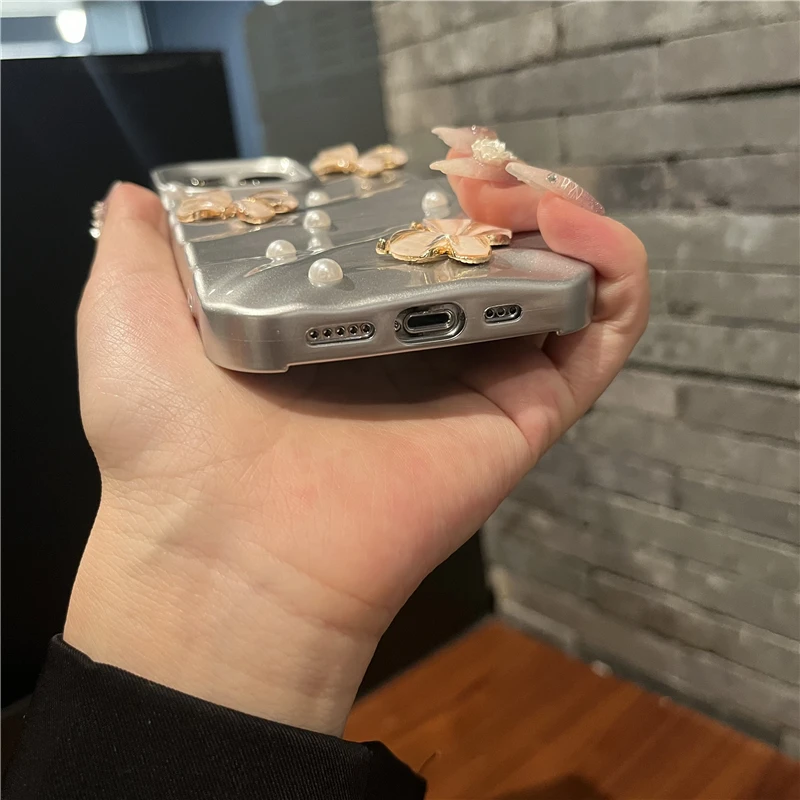 3D Crystal Butterfly Pearl Water Ripple Plating Case For iPhone 15 14 13 12 11 Pro Max X XS XR 7 8 Plus SE 3 Shockproof Cover