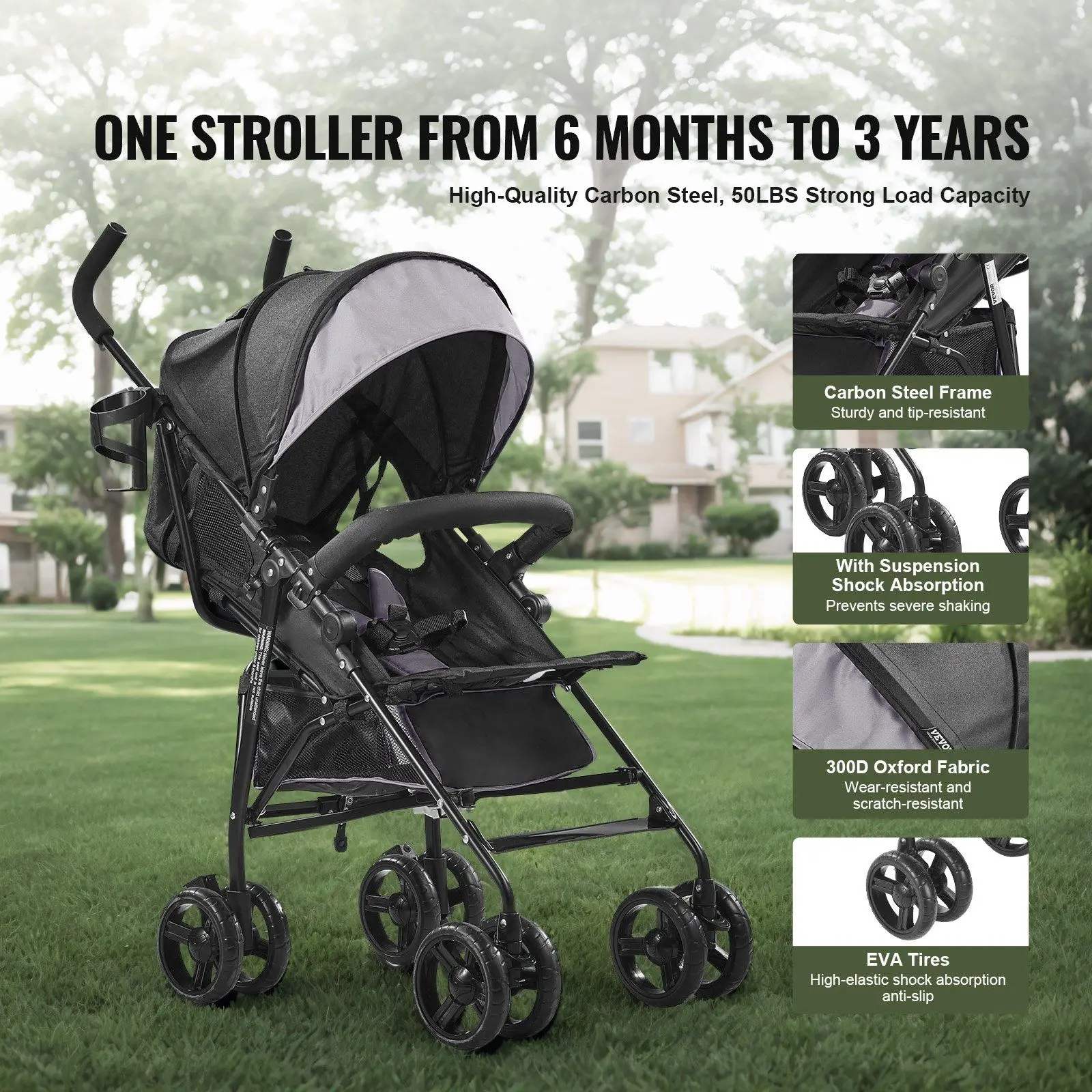 NEW Lightweight Stroller Compact Easy Fold Adjustable Backrest Light Gray/Black