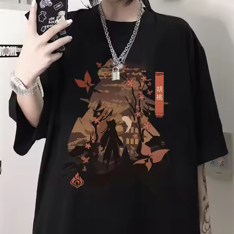 Genshin Impact Hu Tao Tshirts Game Fans Japanese Styles Unisex Clothes Black White Tee Streetwear Summer Short Sleeve Tshirt