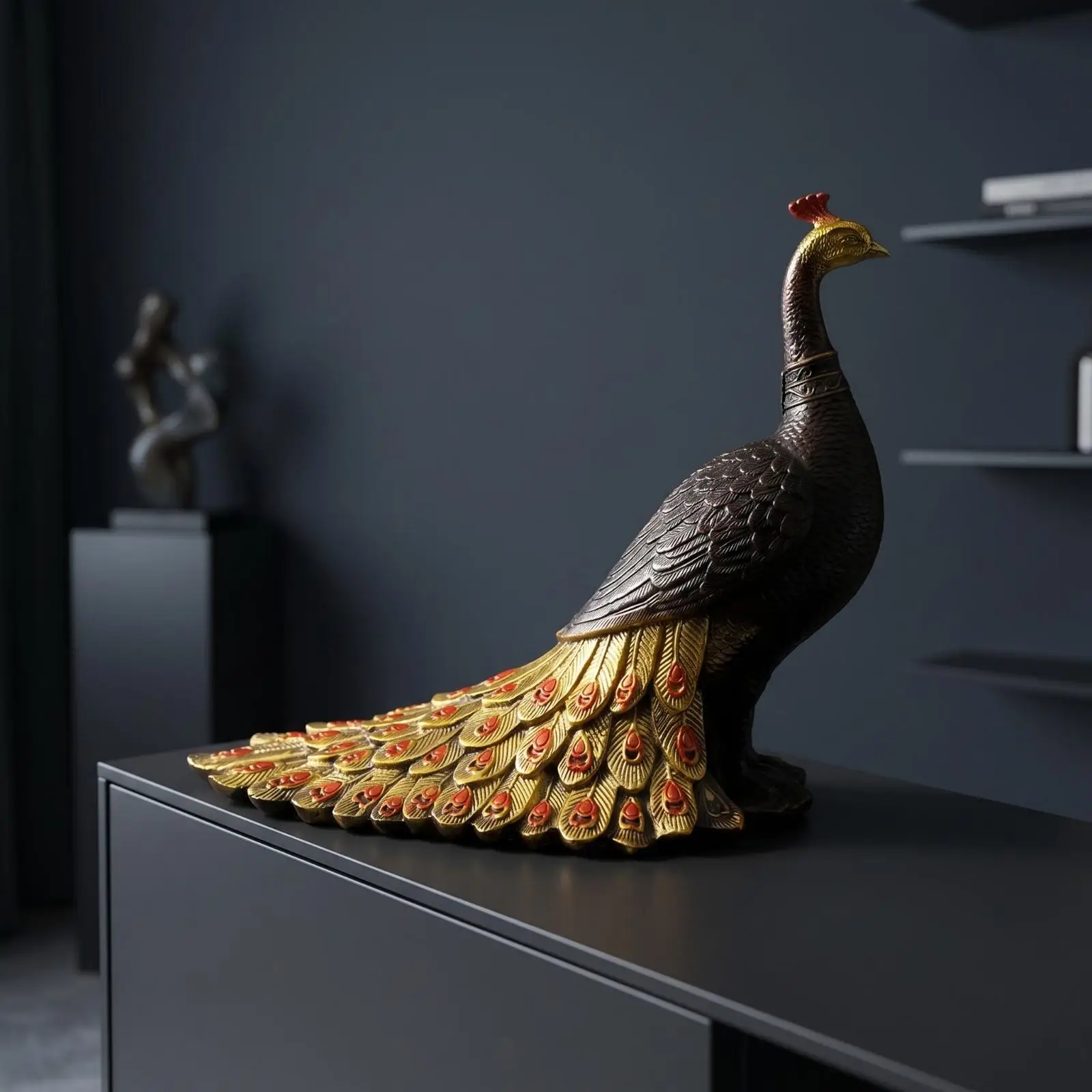Elegant Peacock Decor Statue Metal Bronze Gold Accent Bird Figurine for Living Room Office Shelf Display