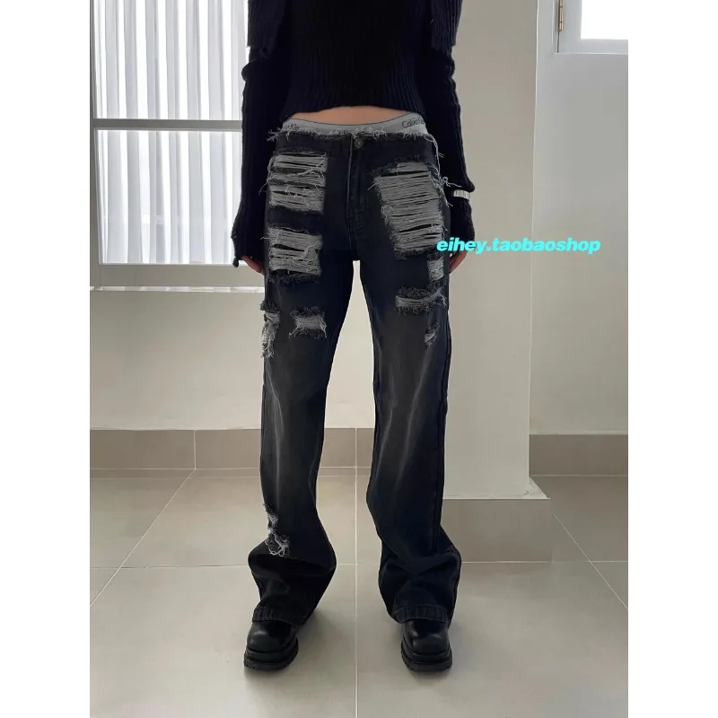 Imagem -03 - Furos Rasgados de Cintura Baixa Calças Jeans Retas para Mulheres Moda Casual Solto Todo o Jogo Jeans Lavados com Borla Coreano Novo Primavera 2024