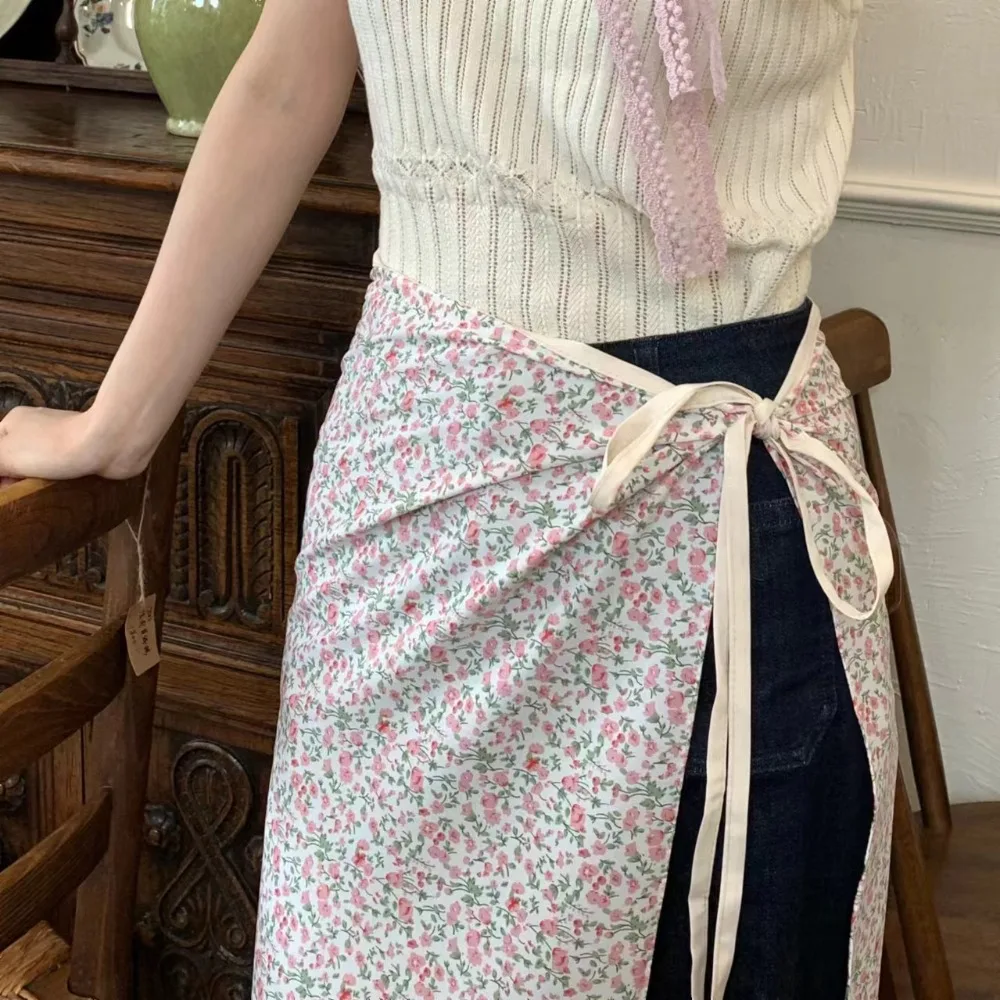 

2024 Flower-covered Skirt French Pastoral Style Spring Summer Spicy Girl Apron Ins Blogger Unique with Tie Up Ladies Skirts