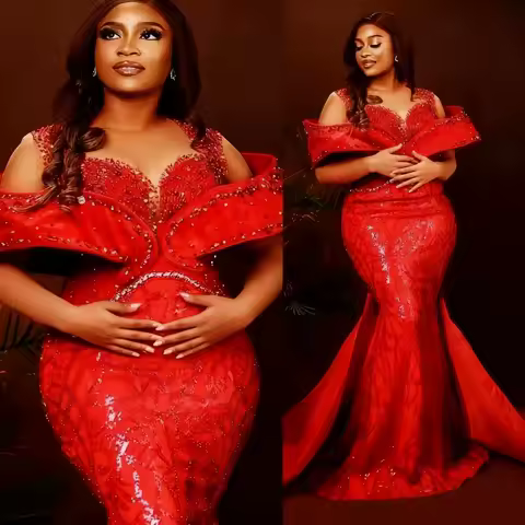 Customized Elegant Mermaid Lace Ball Dress Detachable Train Party Evening Dress Suitable For Women's Single Collar Beaded Dress