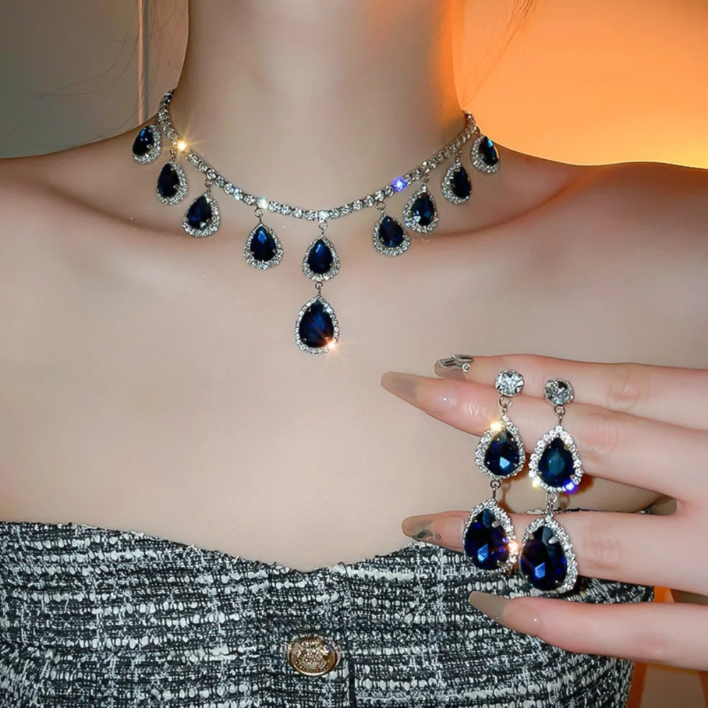 

SEREIN High-end Water Drop Diamond Blue Earrings Necklace Set French Light Luxury Collarbone Chain Wedding Jewelry Sets