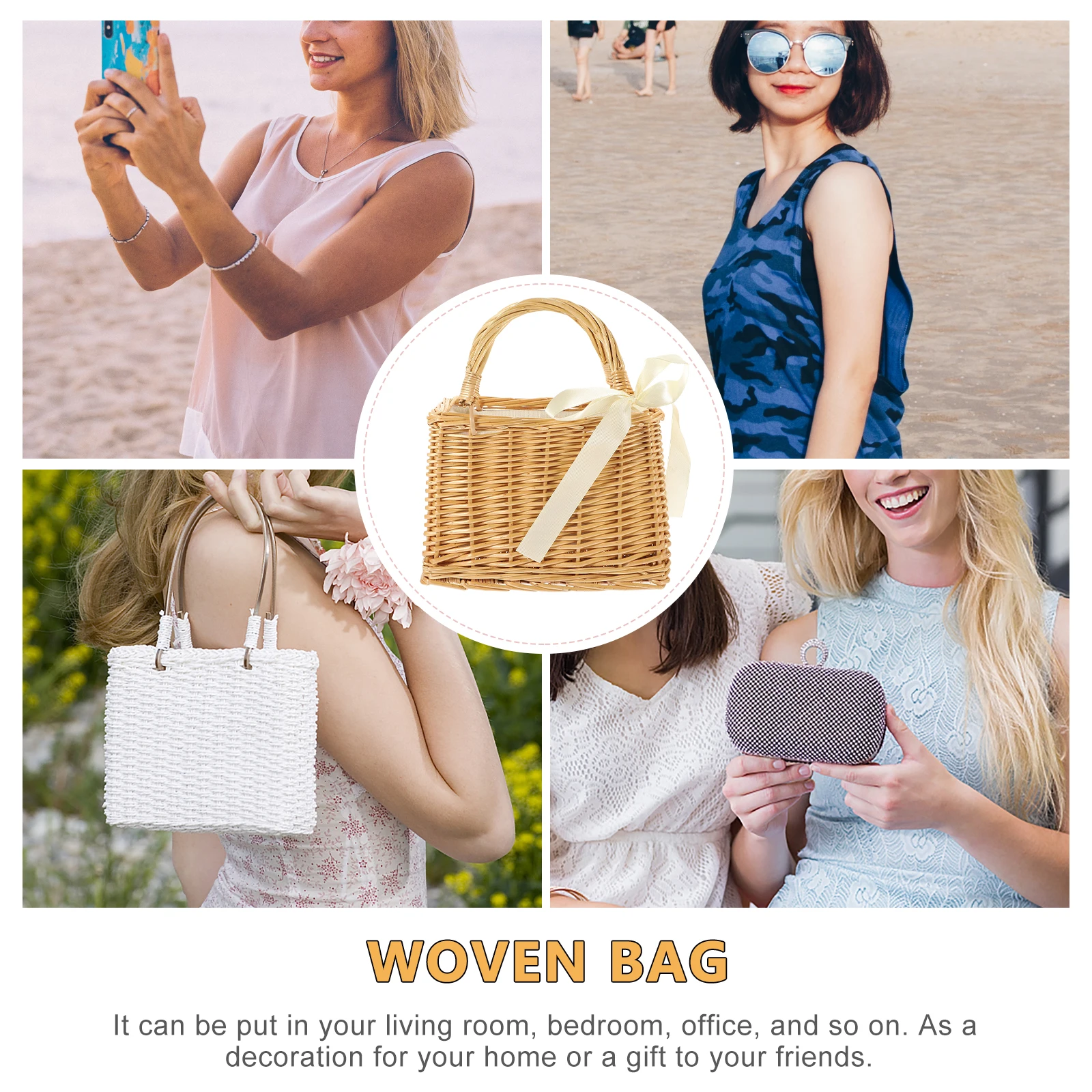 

Wicker Hand Basket Square Storage Baskets Hand-woven Natural Material Decorative Home Office Tote Bags Fruit Container Rural