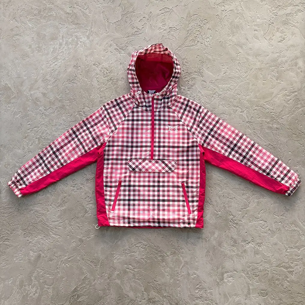Red Plaid Half Zip Hooded Windbreaker Men Color Block Patchwork Anorak Jacket Oversized Streetwear Check Outdoor Windproof Coat