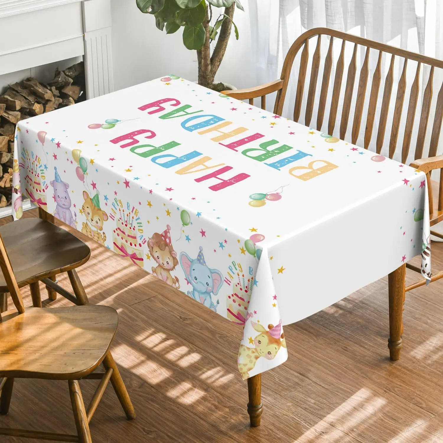 Colorful animal birthday cake tablecloth, washable polyester rectangular cover.PMJ