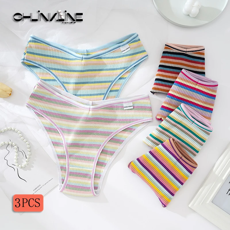 Fancy Underwear GhlinKline Colorful Striped Low Waist Female Lingerie Fashon Ladies Briefs Muitiple Size Women's Panties