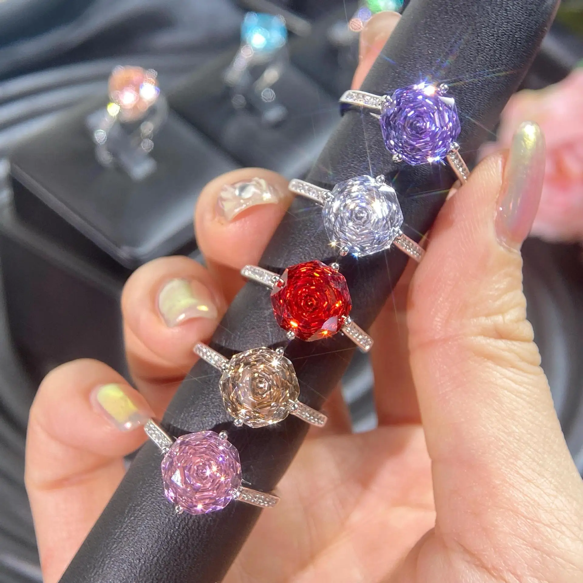 

Octagonal Millennium Rose Cut Zircon Women Ring Exquisite Color Flower Shaped Zirconia Silver Color Ring Valentine's Day Gift