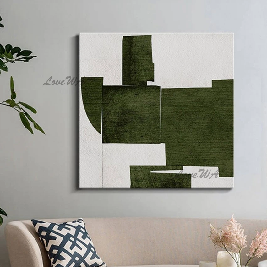 

Art Picture Abstract Canvas Painting Acrylic Wall Decor Unframed Green White Geometry Shape Design Texture 100% Hand-painted