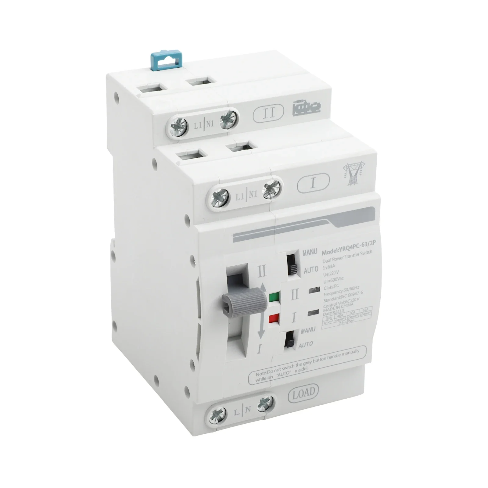 Dual Power Automatic Transfer Switch 2P 63A 220V Load Disconnector For Generator And Utility Power Changeover During Emergencies