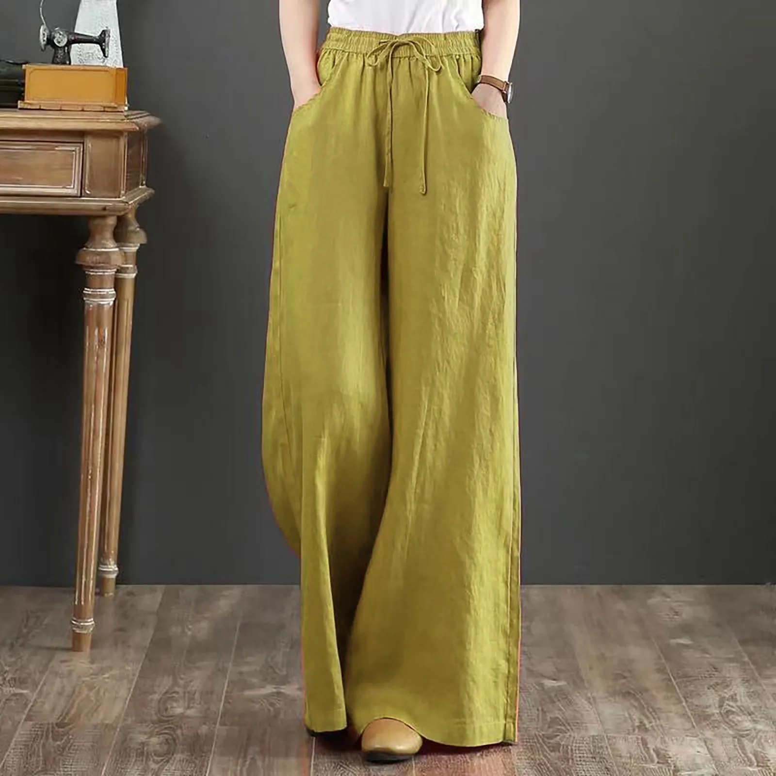 2023 Spring New Linen Loose Casual Wide Leg Trousers Elastic-waisted Floor-length Straight-leg Pants Streetwear Oversize Pants