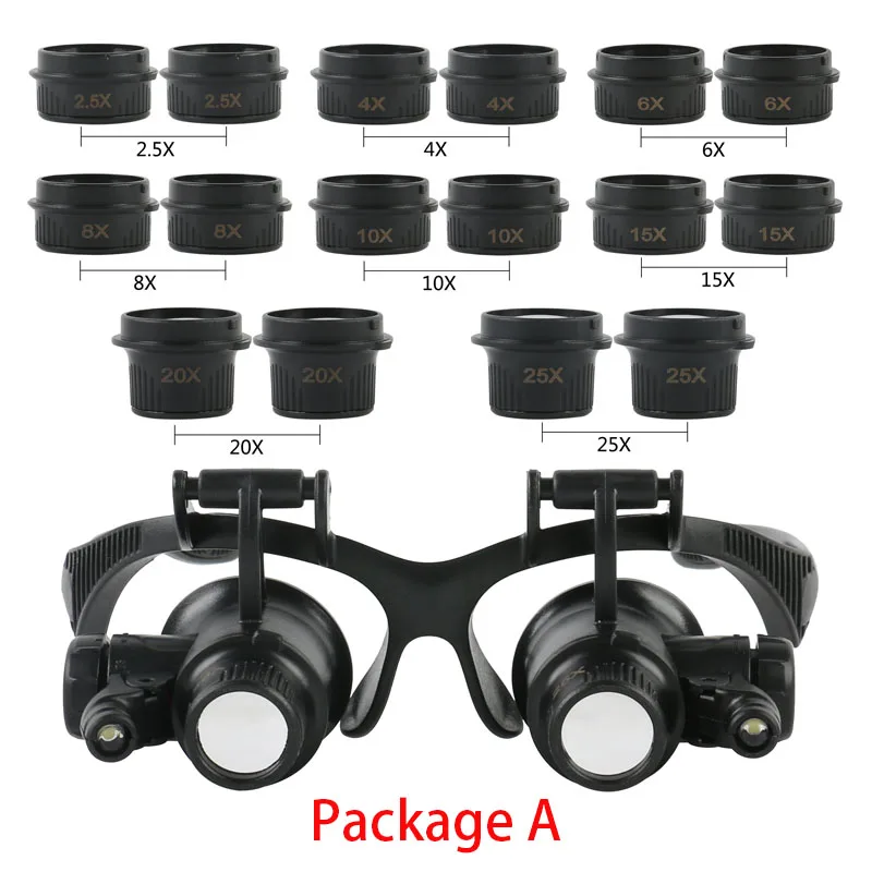 Headband Magnifying Glasses 2.5X 4X 6X 8X 10X 15X 20X 25X Optical Lens Glass Loupe With 2 LED For Watchmaker Jewelry Repair