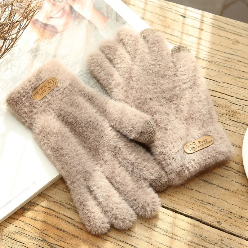 Luvas de malha de lã de caxemira feminina, luvas, quente, tela grossa, pele, monocromática, luvas para celular, tablet, almofada, inverno