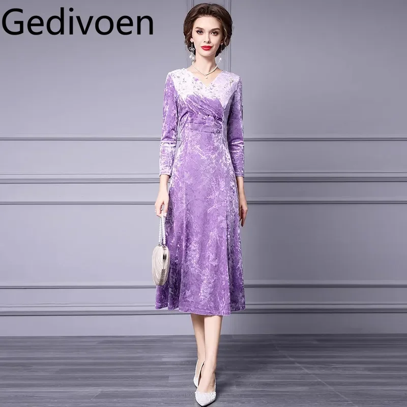 Gedivoen Autumn and winter Women's Dress Fashion V-Neck Long Sleeved High waist Slim Purple/Green/Blue M-3XL Dresses