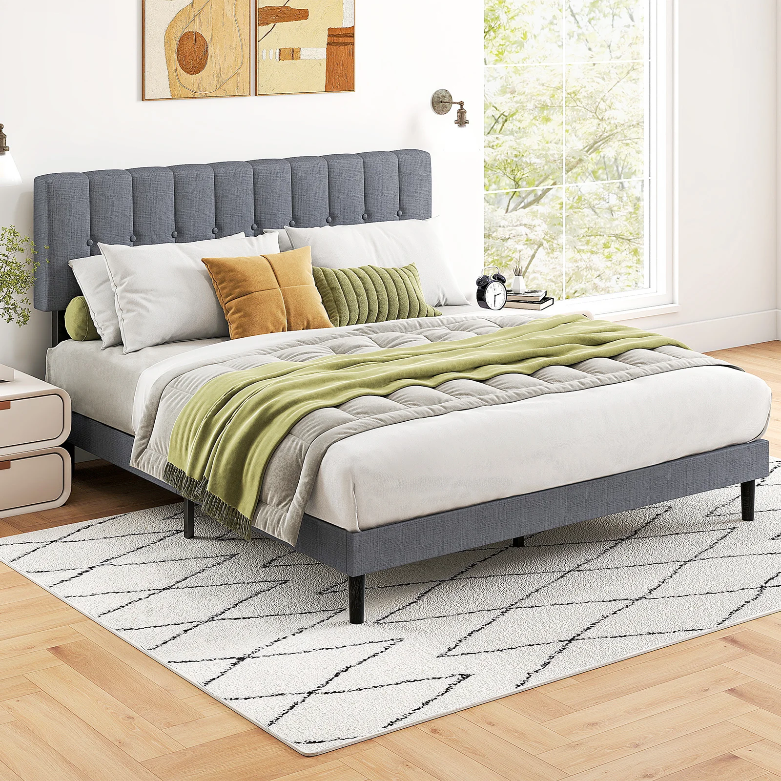 MCQ Basic Fabric Upholstered Bed Frame Platform Bed with Headboard 530LBS Sturdy Wooden Slats Support Easy Assembly Noise Free