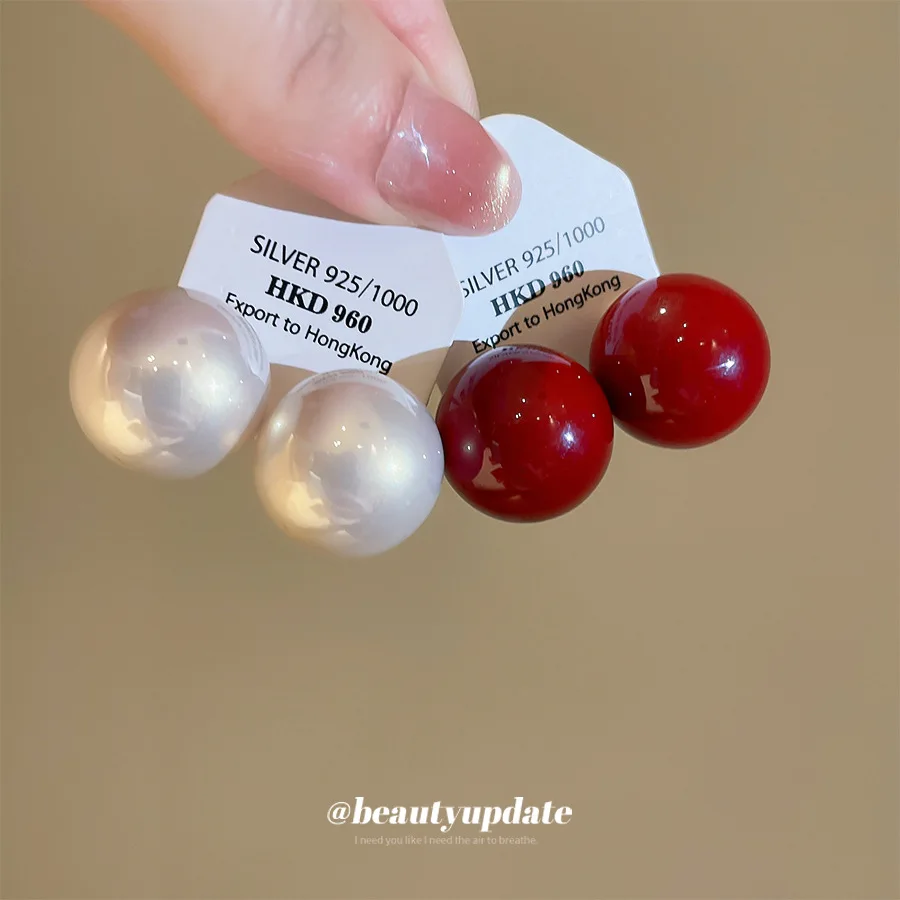 Glossy Red Sphere Stud Earrings For Women White Bead Ball Front Back Earring Geometric Jewelry Ear Piercing Christmas Gift