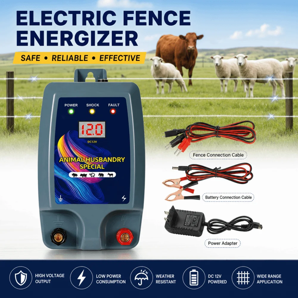 Cargador de Energía para Cercas Electrónicas 1.5J 10KM ‌ Controlador de Cerca Eléctrica ‌   Cargador de cerca eléctrica con enchufe AU y enchufe EU para pastoreo