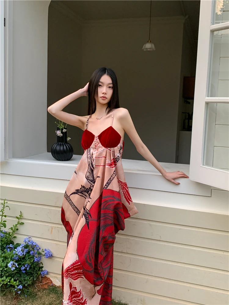 CHEERART Red Floral Designer Long Slip Dress Summer 2024 Woman Japanese Fashion Backless Bud Maxi Dress Clothes