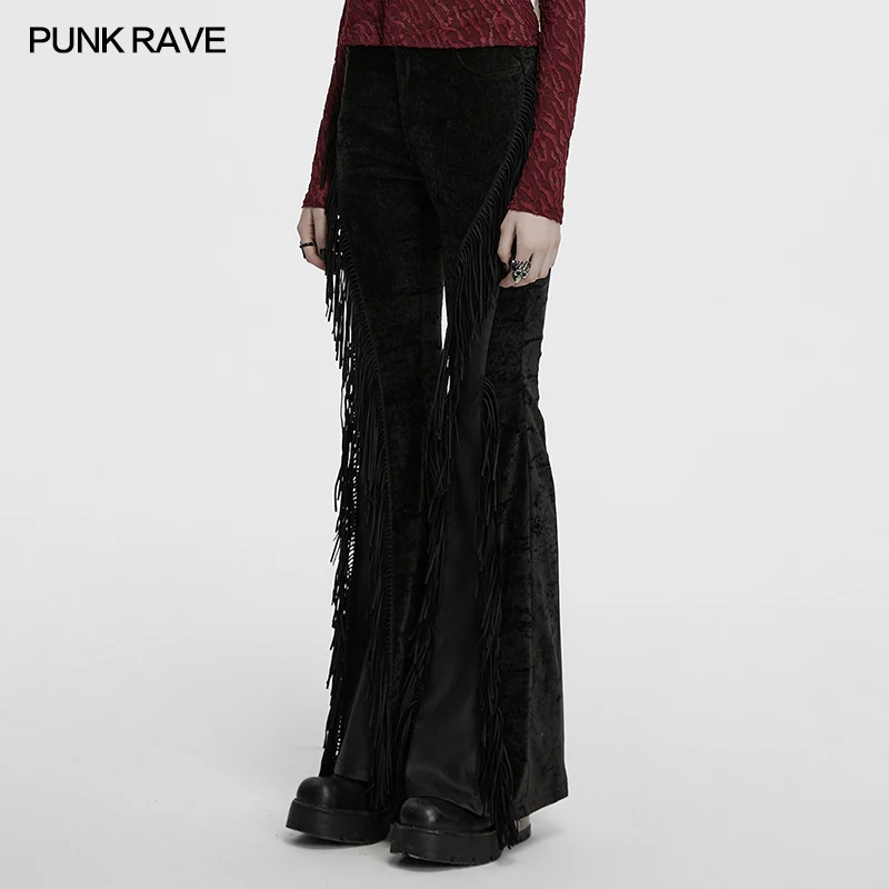 PUNK RAVE Women's Wasteland Tassel Retro Plush Woven Flare Pants Clever Cutting Perfectly Enhance Leg Curves Dark Trousers