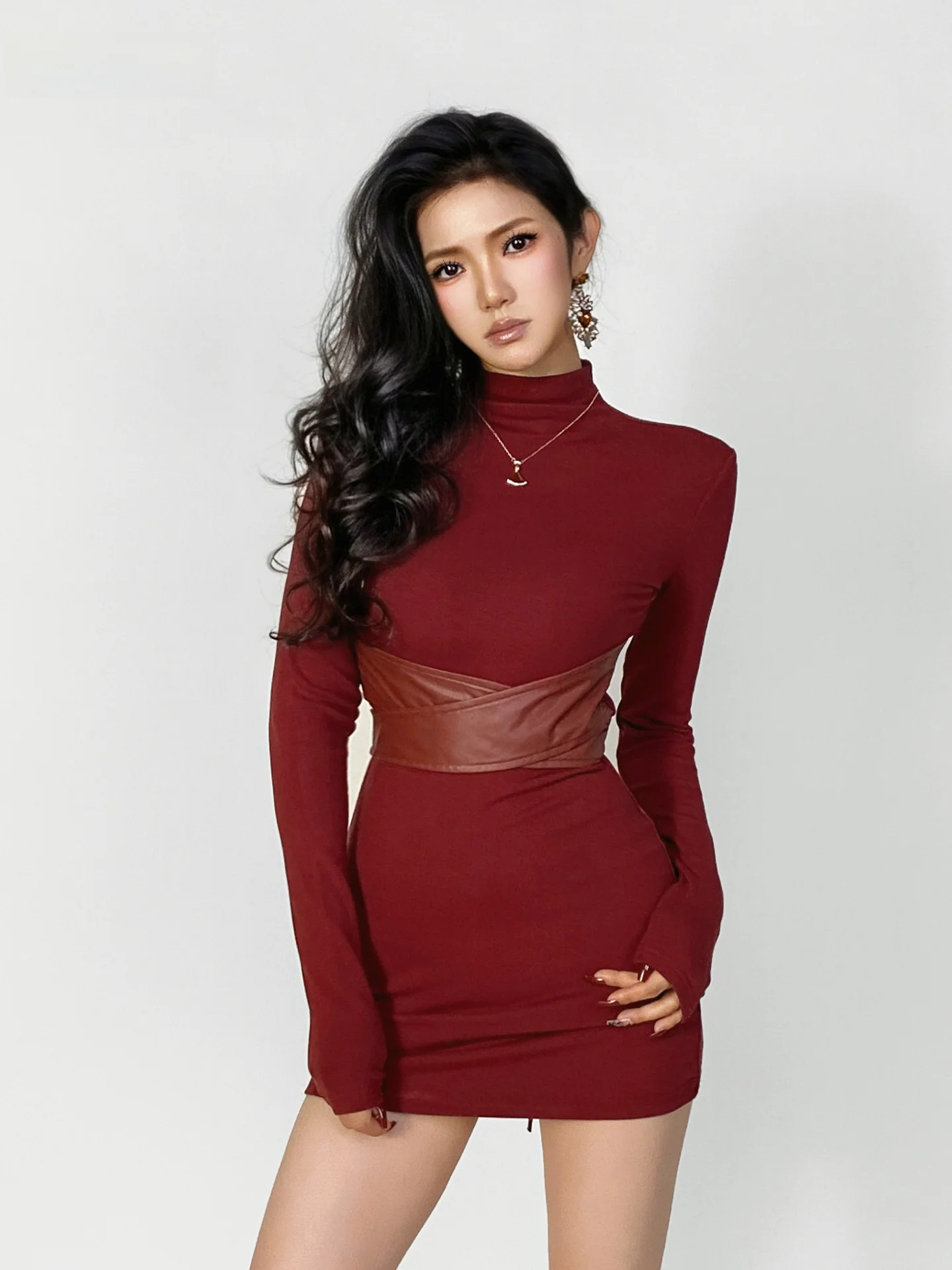 

ACE Small Store Spicy Girl Wine Red Velvet Wrap Body ort Dr Women's Autumn Winter Base Layer Thin Fleece High Collar