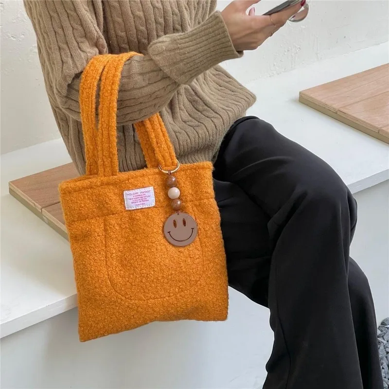 Women Candy Color Small Label Tote Handbag Casual Cute Hand Held Wool Bag 2023 New Fashionable Casual Purses and Handbags