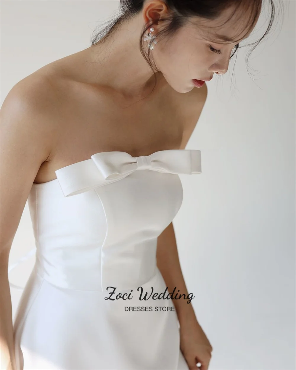 Zoci-vestidos de recepción de boda con lazo sin tirantes, vestidos de noche con corsé simples y elegantes, vestido de novia de satén hasta el suelo personalizado