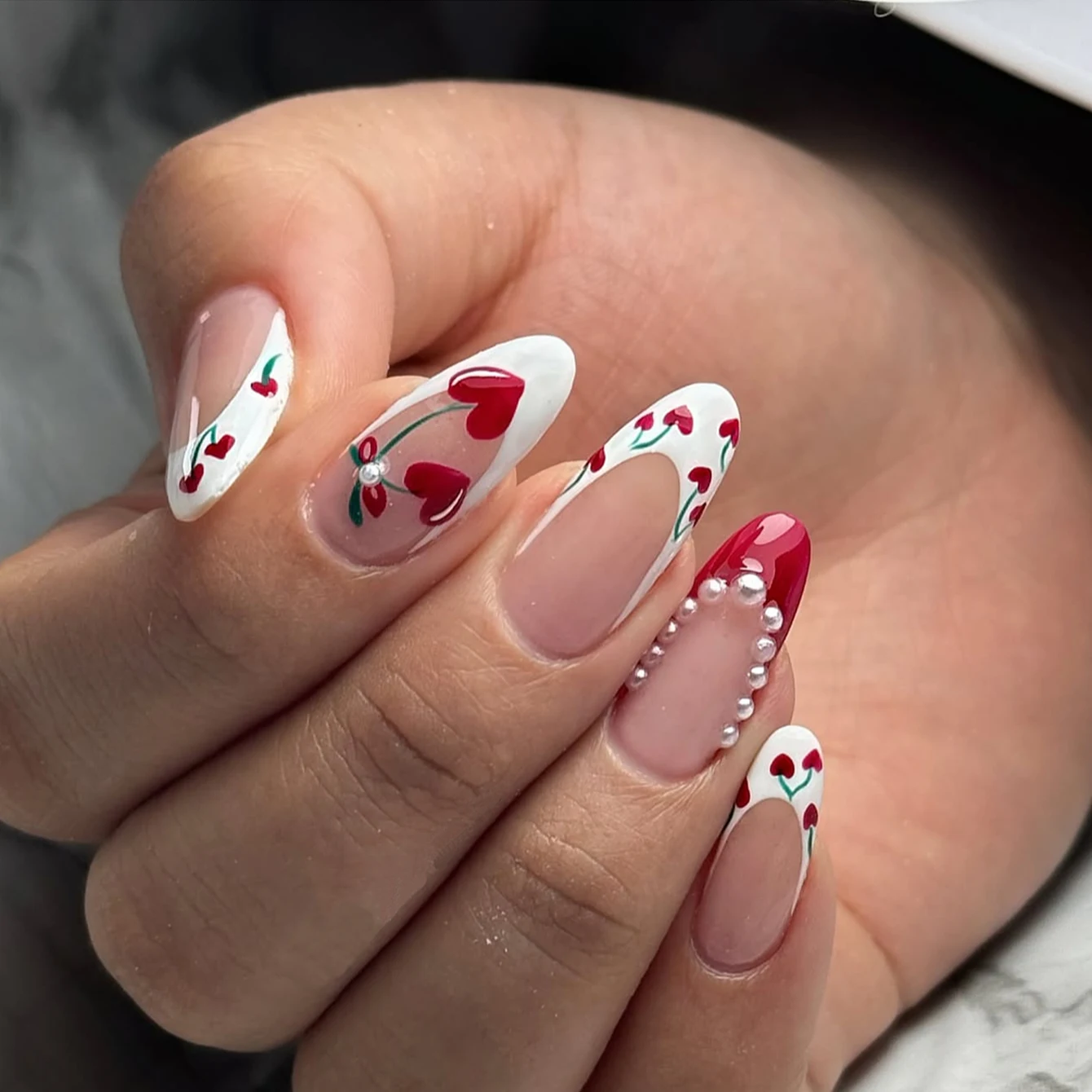 

10PCS Long Almond Hand Pressed Nails, Red French Pointed White Pearl Pressed Nails, Love Cherry Fully Covered Fake Nails