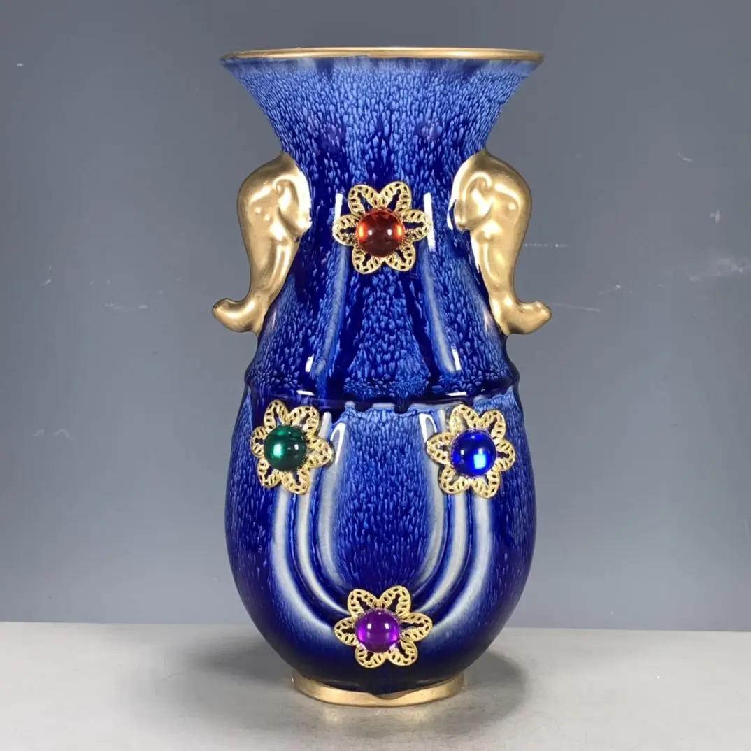 Replica of ancient Chinese porcelain, Jun ware, kiln-transformed double elephant-ear vase, gemstone-inlaid display