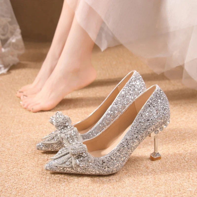Tacones altos de diamante de agua para mujer, tacones finos, zapatos nupciales de boda, Punta puntiaguda, boca baja, zapatos individuales, tacones altos