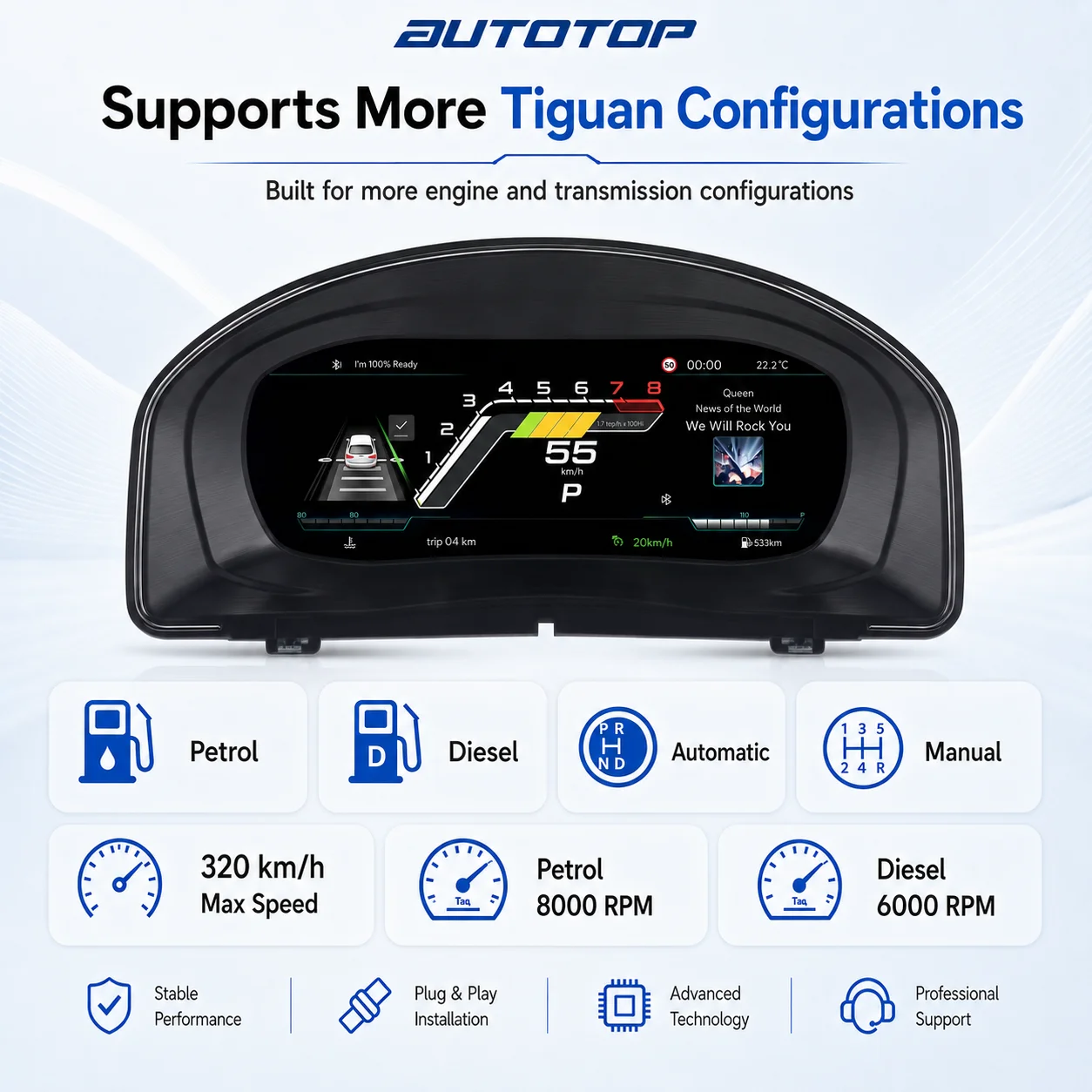 AUTOTOP, tableau de bord numérique de 10,25 pouces pour Volkswagen VW Polo MK5 6R 6C 2009-2016, ensemble complet d'instruments à écran LCD, affichage virtuel, compteur de vitesse, tachymètre, panneau de commande, remplacement au design d'origine, compatible CarPlay sans fil, Android Auto, AirPlay.