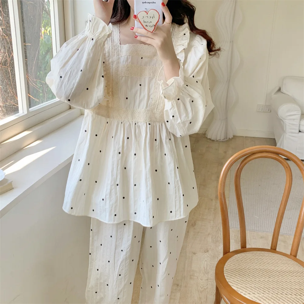 2 PCs/Set Spring Autumn Pure Cotton Postpartum Breastfeeding Lace Print Maternity Nursing Clothing Pregnant Women Pajamas Suit view 5