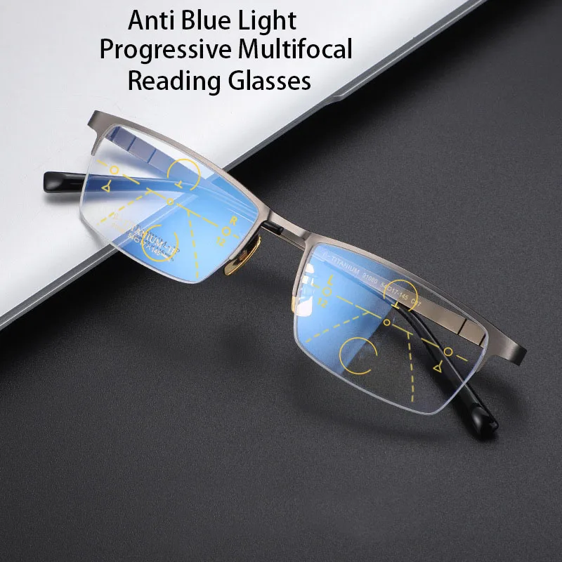 

Pure Titanium Progressive Multifocal Reading Glasses Anti Blue Light Ultralight Business Half Frame Organ Presbyopic Glasses 200