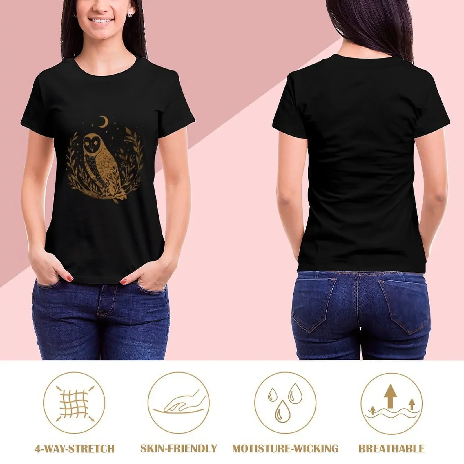 Owl Moon- Gold T-Shirt quick-drying graphics animal prinfor cropped t shirts for Women