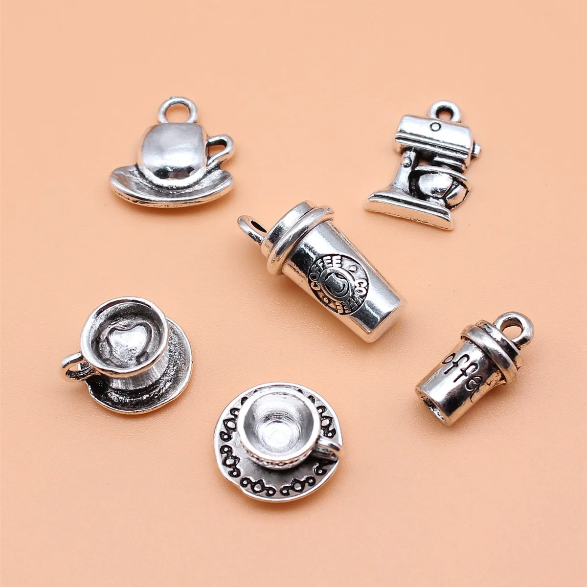 6pcs Antique Silver Color Coffee Charms Collection For DIY Jewelry Making, 6 Styles, 1 of Each